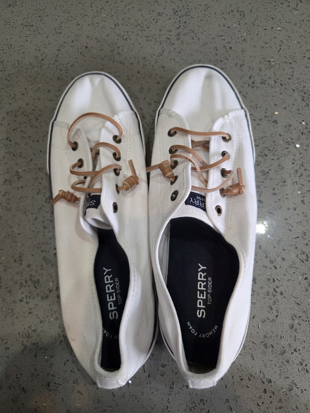 Sperry Women's White Canvas Slip-On Sneakers with Tan Laces